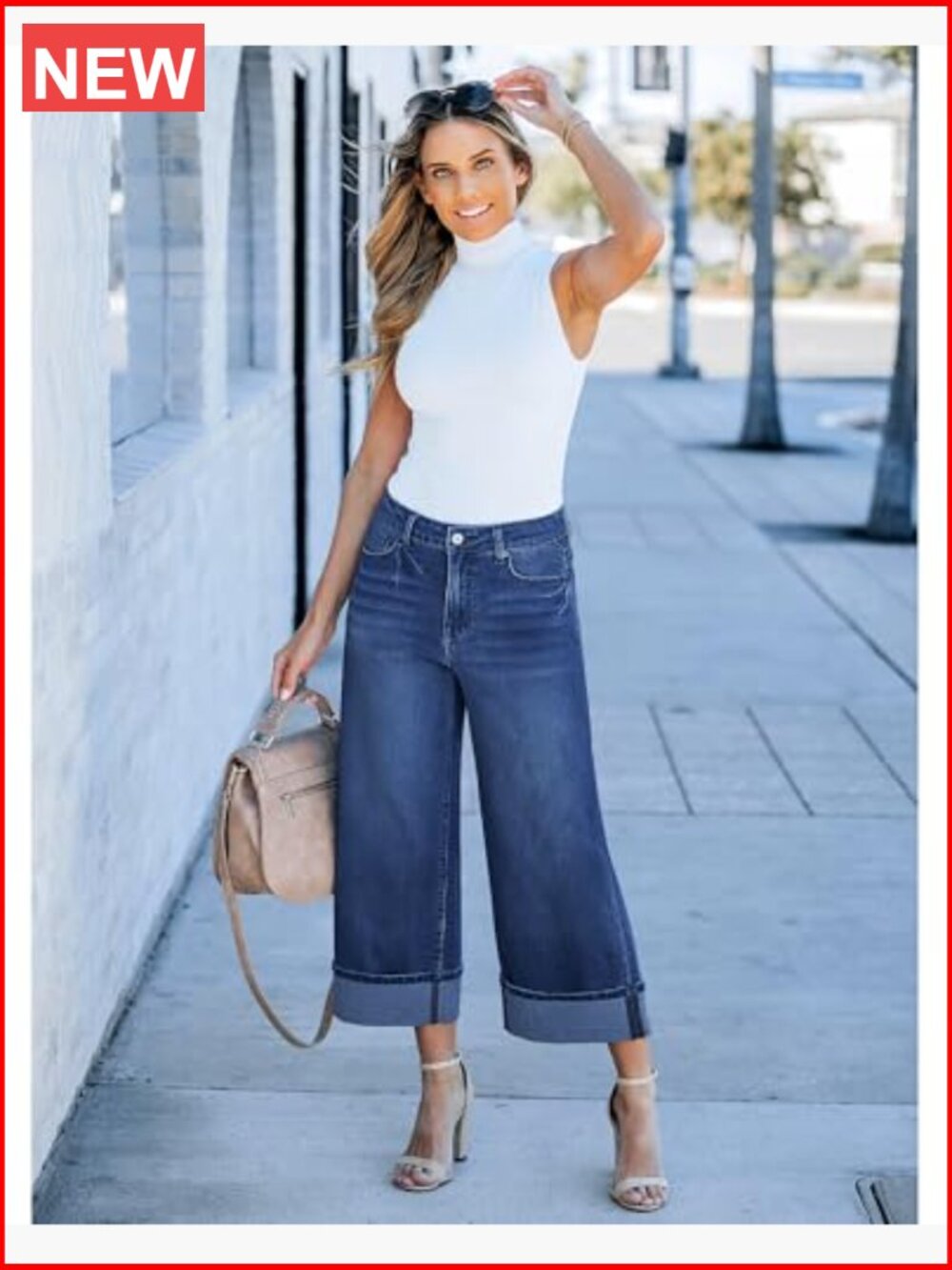 Wide Leg High Waisted Stretchy Denim Crop Pants with Pockets - Picture 5 of 7